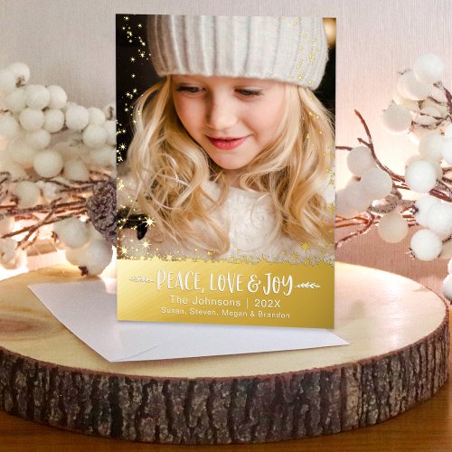 Christmas Photo Peace Love Joy Stars Real Gold Foil Holiday Card