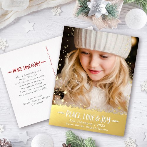 Christmas Photo Peace Love Joy Stars Real Gold Foil Holiday Postcard