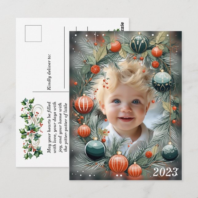 Christmas PHOTO Personalized Green Holiday  Postcard (Front/Back)