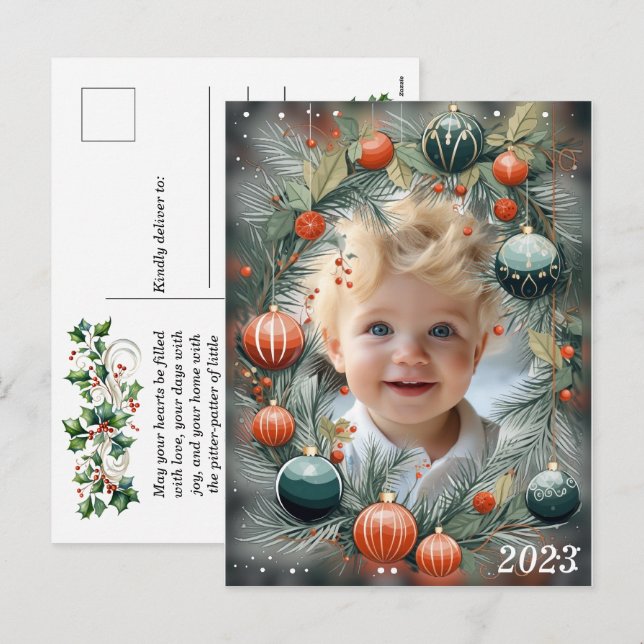 Christmas PHOTO Personalized Green Holiday  Postcard (Front/Back)