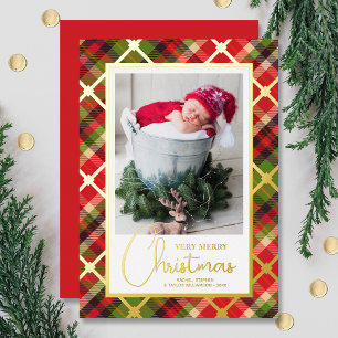 Christmas Photo Plaid Gold Foil Holiday Card