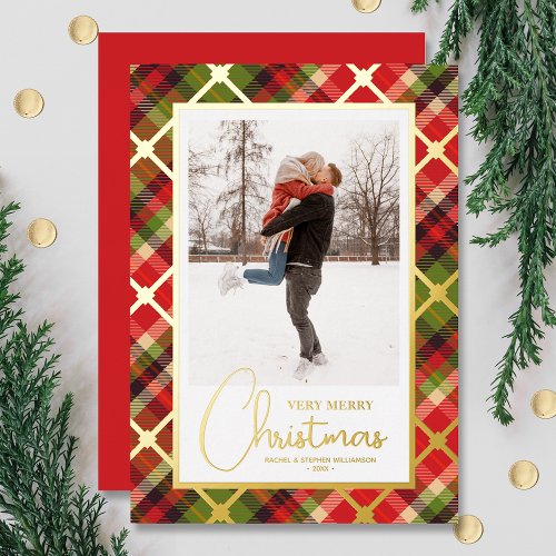 Christmas Photo Plaid Gold Foil Holiday Card
