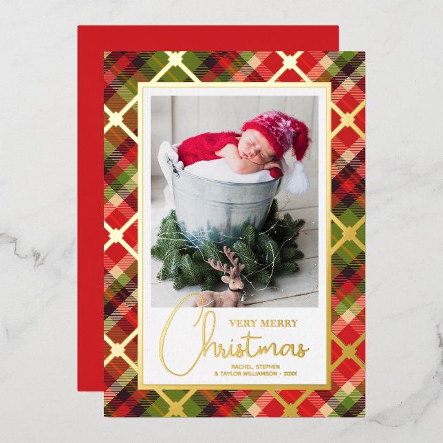 Christmas Photo Plaid Gold Foil Holiday Card (Front/Back)