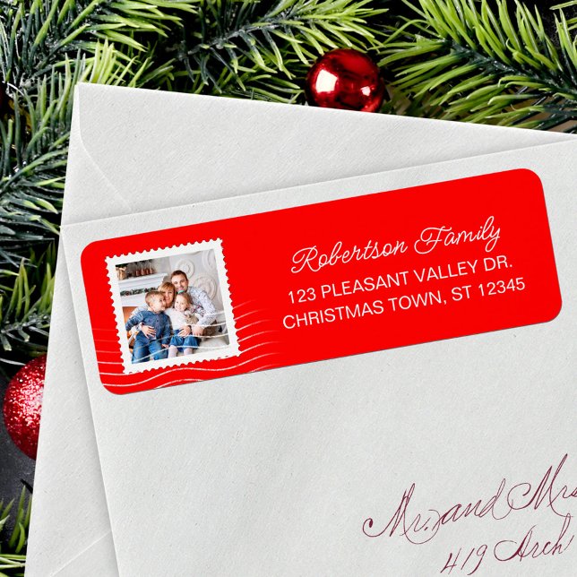 Christmas Photo Postage Stamp Red Return Address Label (Creator Uploaded)
