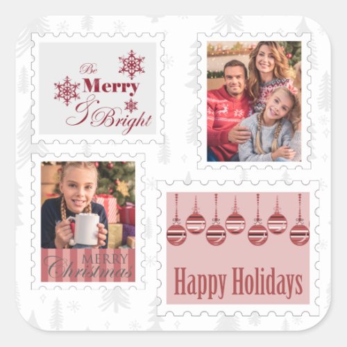 Christmas Photo Postage Stamps Red Grey Square Sticker