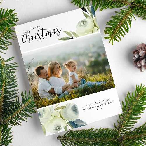 Christmas Photo Pretty Watercolor Floral Blessed Holiday Card