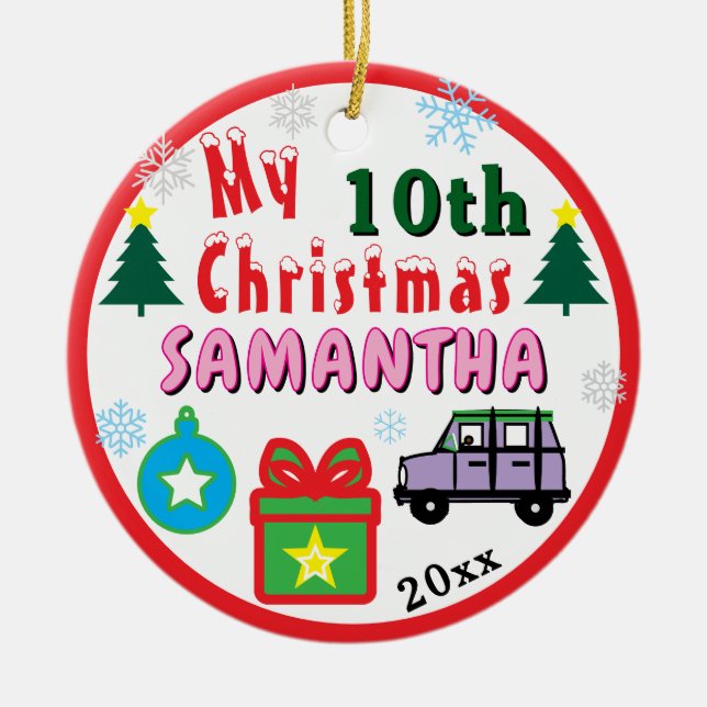 Christmas PHOTO Purple Car Girl Age Ceramic Ornament (Front)