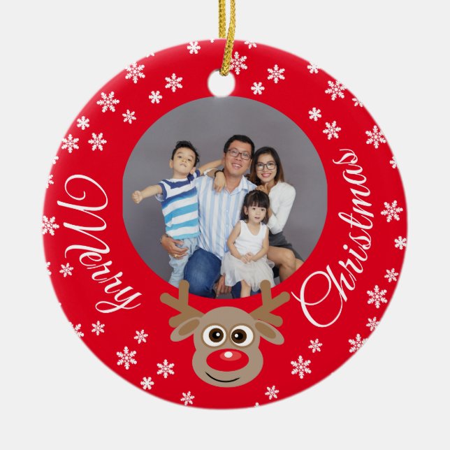 Christmas Photo Red Cute Reindeer White Script Ceramic Ornament (Front)