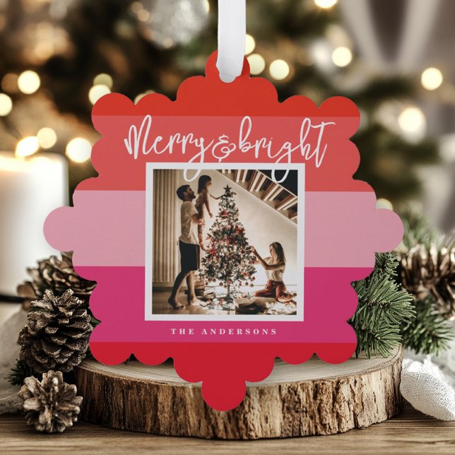 Christmas Photo Red Pink Stripes Holiday Ornament Card (Creator Uploaded)