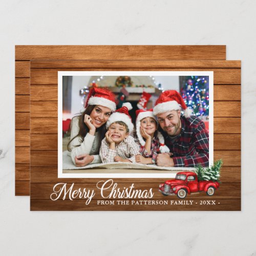 Christmas Photo Red Truck Rustic Wood 2 Sided Card