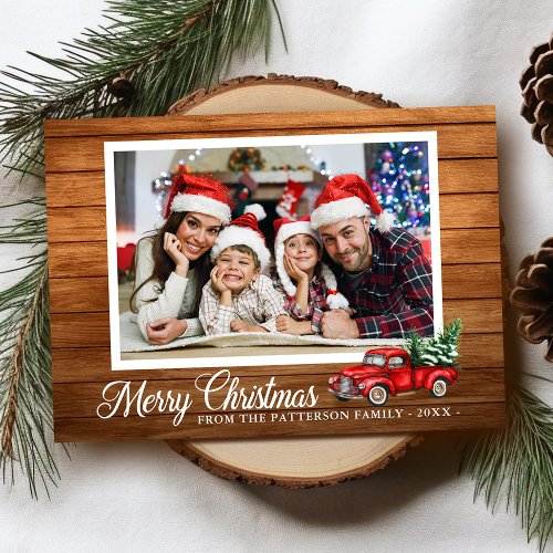 Christmas Photo Red Truck Rustic Wood Folded Holiday Card
