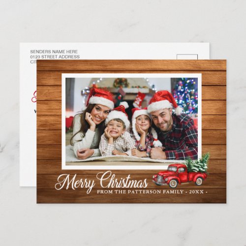 Christmas Photo Red Truck Rustic Wood Style Postcard