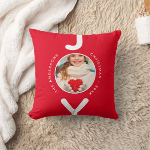 Christmas photo red white joy simple minimalist throw pillow