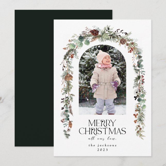 Christmas Photo Rustic Greenery Berries Cedar      Holiday Card (Front/Back)