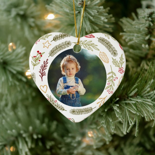 Christmas Photo Rustic Pine Foliage Heart Shape Ceramic Ornament (Tree)