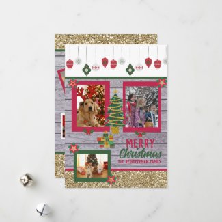 Christmas Photo Rustic Wood Vintage Gold Glitter