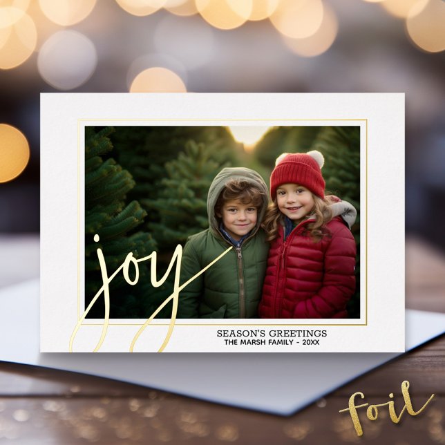 Christmas Photo Script Gold JOY - Christmas Plaid Foil Holiday Card (Gold Foil Christmas Photo Card - Modern Holiday Greeting)