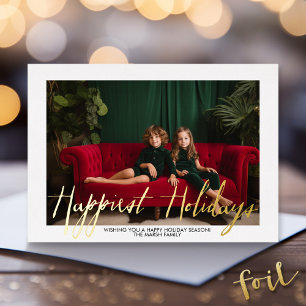 Christmas Photo Script Happiest Holidays - Plaid Foil Holiday Card