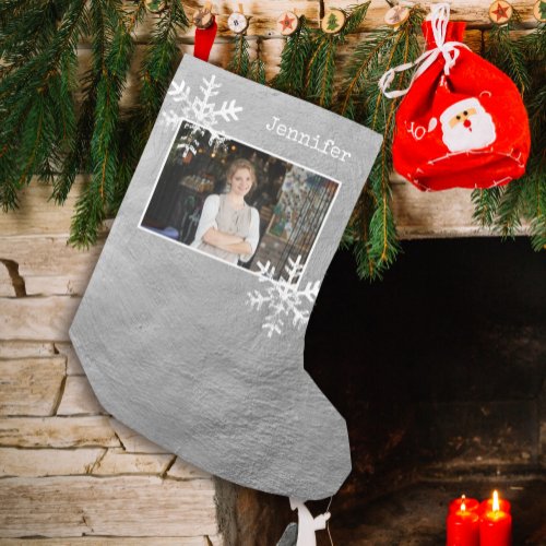 Christmas Photo Silver Paint Distressed Snowflakes Small Christmas Stocking