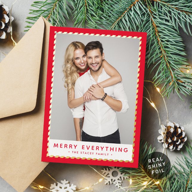 CHRISTMAS PHOTO simple minimalist gold border red Foil Holiday Card (Creator Uploaded)