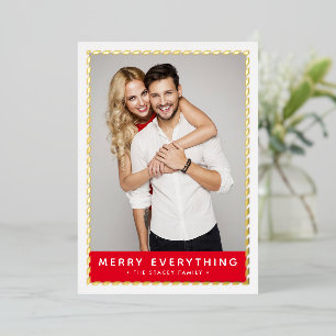 CHRISTMAS PHOTO simple minimalist gold border red Foil Holiday Card