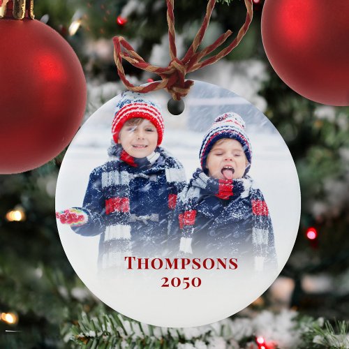 Christmas Photo Simple Red Cute Snowflake Pattern Ceramic Ornament