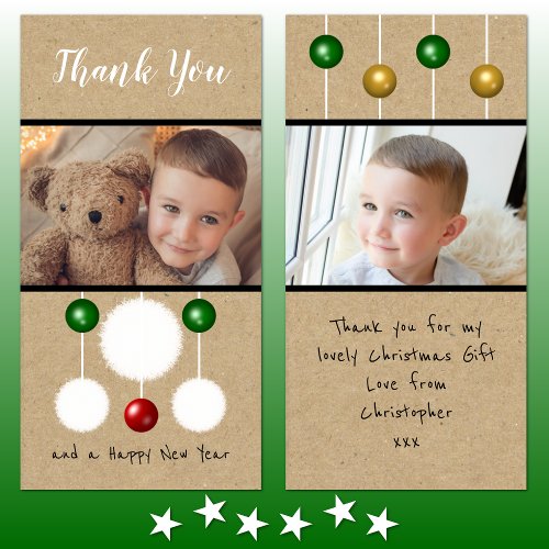 Christmas photo snowballs baubles green red rustic thank you card