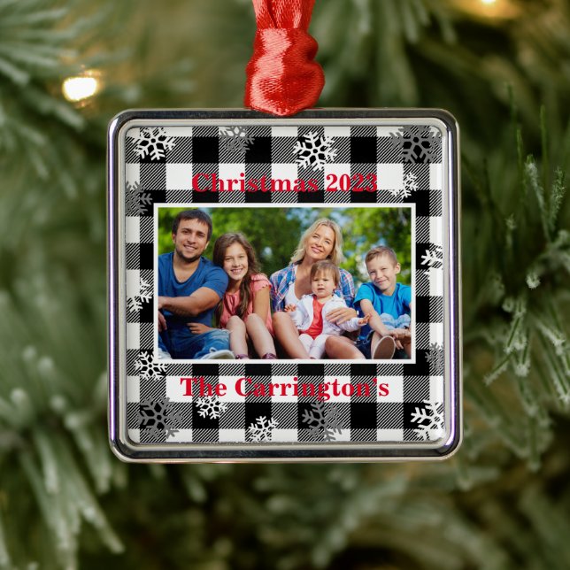 Christmas Photo Snowflakes Name Buffalo Check Meta Metal Ornament (Tree)