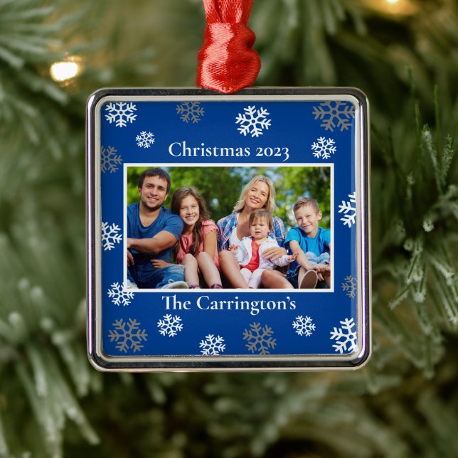 Christmas Photo Snowflakes Name Date Blue Metal Or Ornament (Tree)