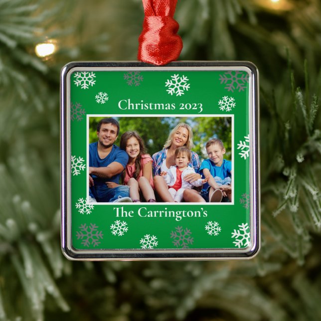 Christmas Photo Snowflakes Name Date Custom Metal Ornament (Tree)