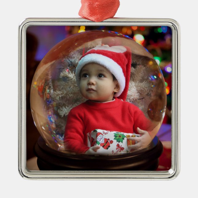 Christmas Photo Snowglobe Magical Holiday Lights Metal Ornament (Front)