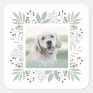 Christmas photo sticker leaves & berries Square