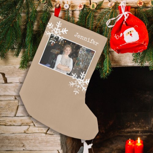 Christmas Photo Tan Distressed Snowflakes Small Christmas Stocking