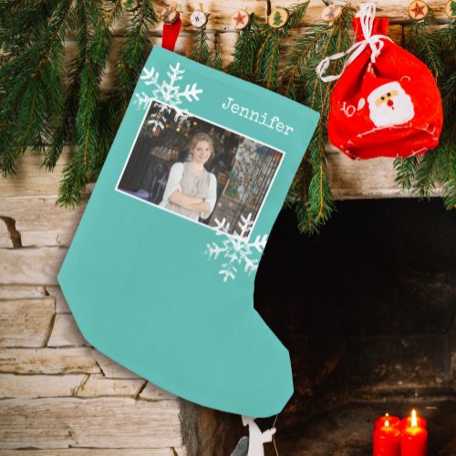 Christmas Photo Teal Distressed Snowflakes Small Christmas Stocking