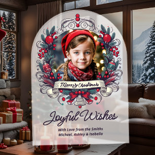 Christmas Photo Teal Red Wreath Vintage Style Joy Acrylic Invitations