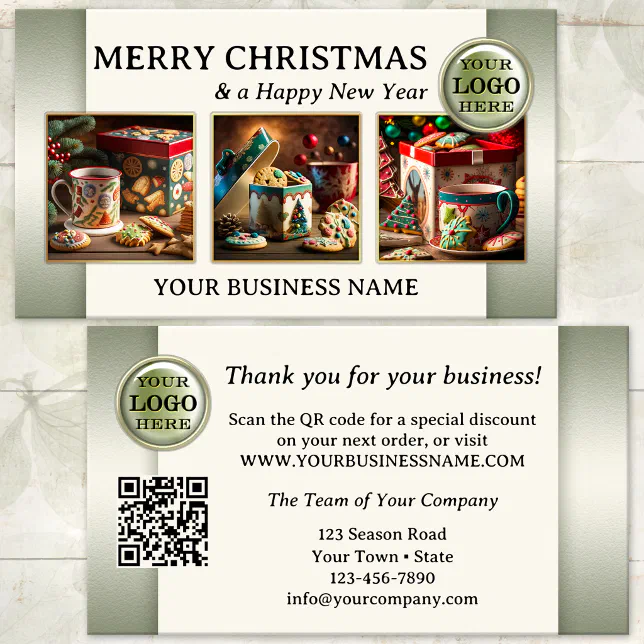 Christmas Photo Thank You For Your Business Business Card (Green ivory photo Christmas Holidays Thank You business card with logo and QR code templates)