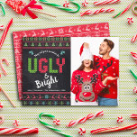 Christmas Photo Ugly Sweater Chalkboard Fun Nordic Holiday Card<br><div class="desc">“May all your sweaters be ugly & bright.” Celebrate the holidays in “style” with your ugliest, tackiest Christmas sweaters! On the left side, cute, whimsical trees, reindeer, ornaments, and playful “sweater” typography in red, green and aqua blue, overlay a chalkboard background. Your custom photo is on the right. A white...</div>