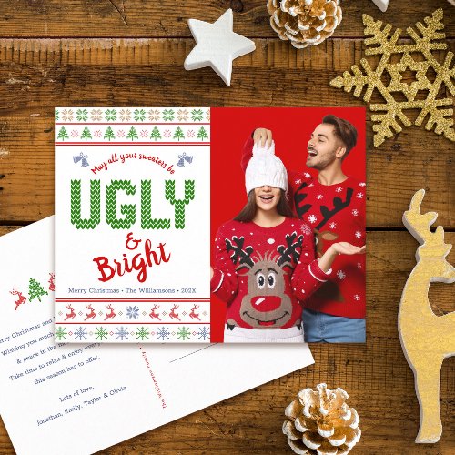 Christmas Photo Ugly Sweater Fun Nordic Red Green  Holiday Postcard