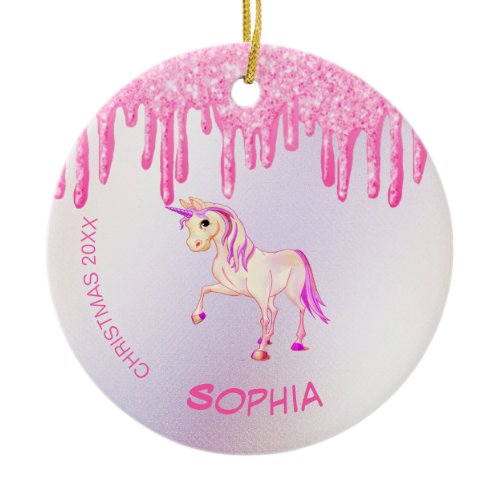 Christmas Photo Unicorn Pink Glitter Girly Ceramic Ornament