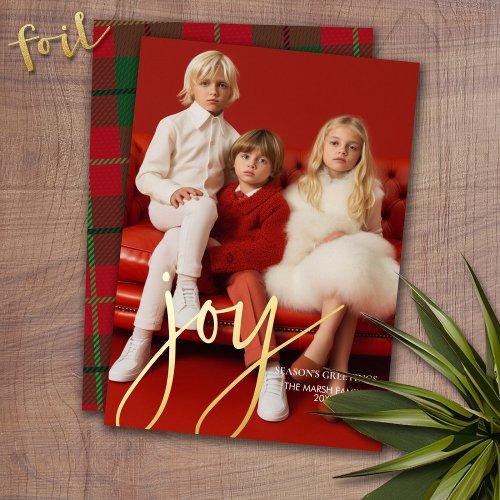 Christmas Photo Vertical _ Script Gold JOY plaid Foil Holiday Card