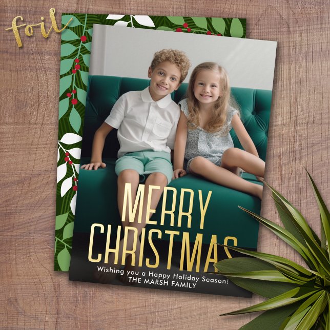 Christmas Photo Vertical - with Gold Merry in Foil Holiday Card (Photo Christmas Card with Gold Foil Accent - Modern Merry Christmas)