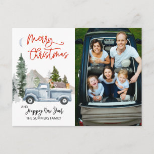 Christmas Photo Vintage Watercolor Truck Woodland Postcard