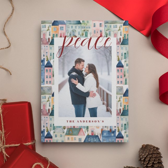 Christmas Photo Watercolor Colorful Houses Red Holiday Card (Creator Uploaded)