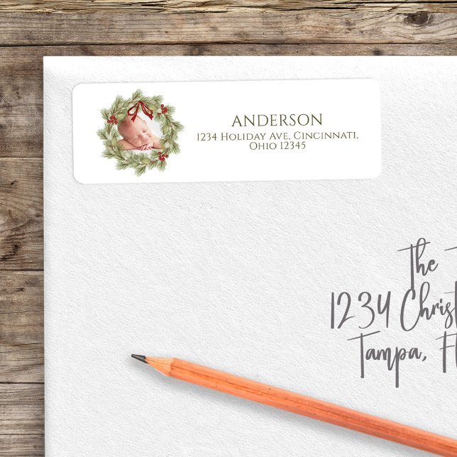 Christmas Photo Watercolor Greenery Wreath Foliage Label (Christmas holiday photo greenery wreath return address label. )