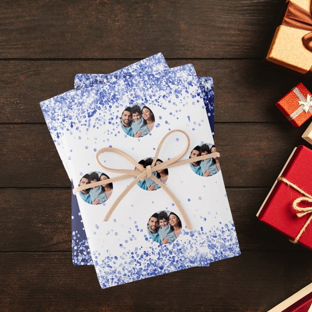 Christmas photo white navy blue confetti wrapping paper sheets (Creator Uploaded)