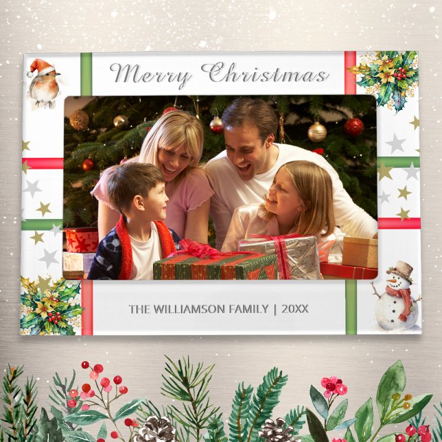 Christmas Photo Winter Holiday Personalized Magnetic Frame (A magnetic photo frame with Merry Christmas words, stars, snowman, robin, holly and ribbons)