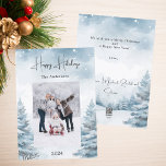 Christmas photo winter landscape holiday card<br><div class="desc">Watercolored winter forest as background.  Personalize and add your family name and a photo.  Happy Holidays written with a trendy handlettered style script. 
Back: add your message and names.</div>