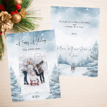 Christmas photo winter landscape holiday card<br><div class="desc">Watercolored winter forest as background.  Personalize and add your family name and a photo. Snow overlay.  Happy Holidays written with a trendy handlettered style script. 
Back: add your message and names.</div>