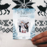 Christmas photo winter landscape holiday card<br><div class="desc">Watercolored winter forest as background.  Personalize and add your family name and a photo. Snow overlay.  Merry Christmas written with a trendy handlettered style script. 
Back: add your message and names.</div>