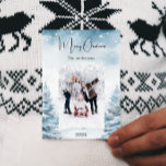 Christmas photo winter landscape holiday card<br><div class="desc">Watercolored winter forest as background.  Personalize and add your family name and a photo. Snow overlay.  Merry Christmas written with a trendy handlettered style script.</div>